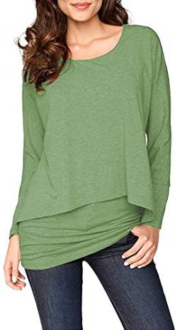 Brosloth Damen Langarmshirt 2 in 1 Longshirt Langarm Tunika Shirt Basic T Shirts Asymmetrischer Oberteile Casual Tops Bluse Grün M von Brosloth