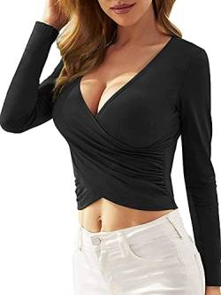 Brosloth Damen Sexy Oberteil Tief V-Ausschnitt Crop Tops Langarm Frauen Party Oberteil Cropped Basic Top Slim Fit Langarmshirt Schwarz M von Brosloth