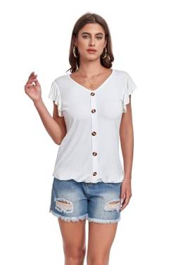 Brosloth Damen Sommer T-Shirt Kurzarmshirt Casual V-Ausschnitt Lässige Stretch Rüschenbündchen Bluse Tops Oberteil Baumwollshirt Blickdicht Mit kurzen Flügelärmelchen, Weiß, S von Brosloth