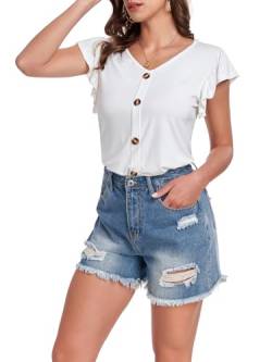 Brosloth Damen Sommer T-Shirt Kurzarmshirt Casual V-Ausschnitt Lässige Stretch Rüschenbündchen Bluse Tops Oberteil Baumwollshirt Blickdicht Mit kurzen Flügelärmelchen, Weiß, XXL von Brosloth