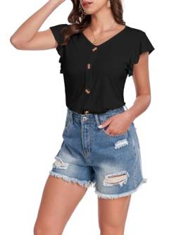 Brosloth Damen Sommer T-Shirt Kurzarmshirt Casual V-Ausschnitt Lässige Stretch Rüschenbündchen Bluse Tops Oberteil Baumwollshirt Blickdicht Mit kurzen Flügelärmelchen,Schwarz, M von Brosloth