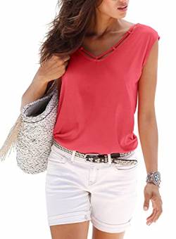 Brosloth Sommer T Shirt Damen V-Ausschnitt Basic Tops Kurzarm Shirt mit Zierbändern am Ausschnitt Koralle XL von Brosloth