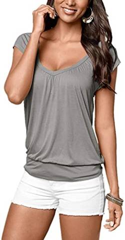 Uniquestyle Damen Sommer T-Shirt Kurzarmshirt V-Ausschnitt Lässige Stretch Falten Bluse Tops Oberteil Baumwollshirt Blickdicht Grau S von Brosloth