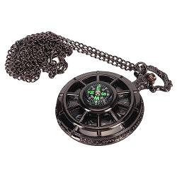 Brrnoo Vintage Taschenuhr mit Quarzwerk, Schwarze Quarz-Taschenuhr, Herren-Taschenuhr mit Kette, Ausgehöhltes Zifferblatt, Kompass, Kostümzubehör von Brrnoo