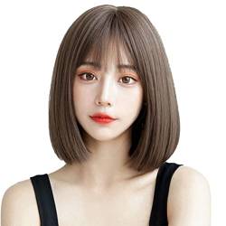 Frauen Kurze Gerade Perücke, Haar Topper für Frauen, Haar Topper für Dünnes Haar Frauen Echtes Haar, Süße DIY Deep Brown Kurz Bob Perücke mit Wispy Bangs Verlängerung für Mädchen von Brrnoo