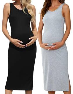 Brynmama 2 Pack Tank Umstandskleid Casual Ärmellos Seite Split Schwangerschaft Langes Kleid, Schwarz/Grau, L von Brynmama