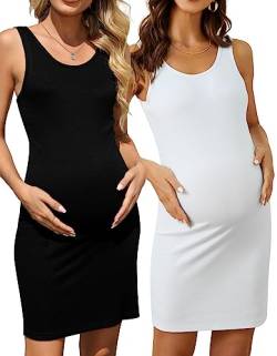 Brynmama 2 Stück Damen Mutterschaft Tank Kleider Casual Ärmellos Bodycon Schwangerschaft Kurzes Kleid von Brynmama
