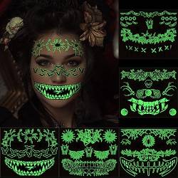 5 Stück Halloween Aufkleber Gesicht Leuchtend, Tattoo Temporär Halloween, Tattoo Halloween Leuchtende, Tag der Toten Tattoo, Gesichtstattoo Totenkopf Mund Halloween Kostüme Damen Makeup Fasching Set von Bseical