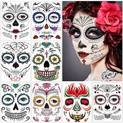 8 Stück Tattoo Temporär Halloween, Tattoo Halloween Gesicht, Halloween Aufkleber Gesicht, Tag der Toten Tattoo, Gesichtstattoo für Erwachsene Kinder Fasching Maskerade Festival Stützen Mund Makeup Set von Bseical