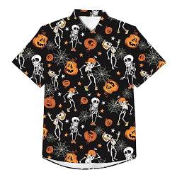 Bseical Hawaii Hemd Männer Halloween, Halloween Kostüm Herren, Halloween Shirt Skelett, Spinnennetz, Totenköpfe Und Kürbis Kostüm Bunt Vintage Hawaiian Hemd Ausgefallene Party Casual Outfit, L von Bseical