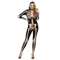 Skelett Halloween Kostüm, Halloween Kostüm Damen 3D Skelett & Rose, Kostüm Skelett Halloween, Karneval Kostüm Damen, Frauen Sexy Overall Langarm Ganzkörperanzug Schädel Jacke Horror Jumpsuit Bodysuit von Bseical