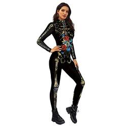 Skelett Halloween Kostüm, Halloween Kostüm Damen 3D Skelett & Rose, Kostüm Skelett Halloween, Karneval Kostüm Damen, Frauen Sexy Overall Langarm Ganzkörperanzug Schädel Jacke Horror Jumpsuit Bodysuit von Bseical