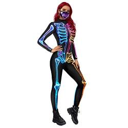 Skelett Halloween Kostüm, Halloween Kostüm Damen 3D Skelett & Rose, Kostüm Skelett Halloween, Karneval Kostüm Damen, Frauen Sexy Overall Langarm Ganzkörperanzug Schädel Jacke Horror Jumpsuit Bodysuit von Bseical