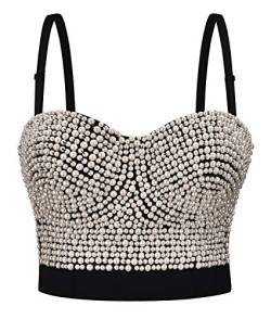 BSLINGERIE® Madonna Style Metallic Nieten Bustier BH Korsett Top, Weiss/opulenter Garten, X-Small von Bslingerie