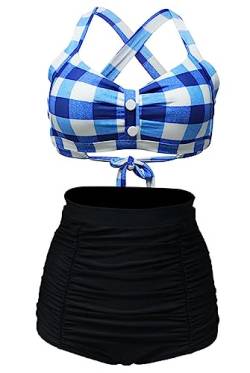 Bslingerie® Damen-Bikini, Retro, hohe Taille, 2-teiliges Set, Blau kariert, M von Bslingerie