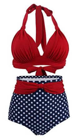 bslingerie® Damen-Bikini, Retro, Vintage, Push-Up, hohe Taille, Übergröße, Rot / Blau Punkt, Large von Bslingerie