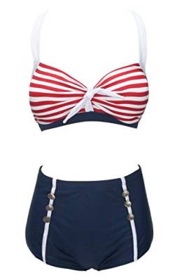 bslingerie® Damen Retro Vintage Push Up High Waist Bikini Badeanzug Plus Size, Blau und Rot, S von Bslingerie