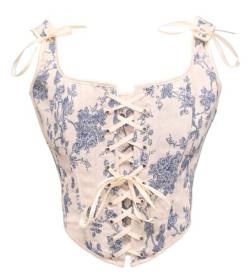 bslingerie Damen Retro Vintage viktorianisches Push Up Bustier Ausgehen Crop Top Tank Top Korsett Korsett, Blau-weißes Blumenmuster, Groß von Bslingerie