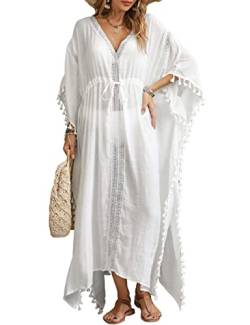 Bsubseach Badeanzug Cover Up für Bademode Frauen Kaftan Kleider Sommer Kaftan mit Kordelzug Weiß von Bsubseach