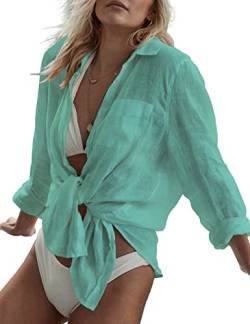 Bsubseach Badeanzug Cover Up für Frauen Button Down Strand Shirt Blusen Badeanzug Cover Up Bademode Mintgrün von Bsubseach