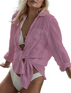 Bsubseach Badeanzug Cover Up für Frauen Button Down Strand Shirt Blusen Badeanzug Cover Up Bademode Rosa von Bsubseach