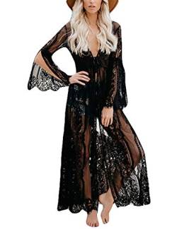 Bsubseach Black Lace Beach Cover Ups für Damen See Through Bikini Kimono Strandkleid Bademode von Bsubseach