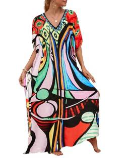 Bsubseach Bunte Strand Cover Up Lose Kaftan Kleid Kurzarm Badeanzug Coverup für Damen von Bsubseach