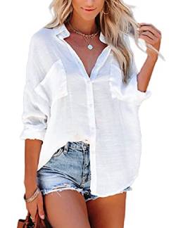 Bsubseach Button Down Swim Cover Up Shirt Sexy Langarm Strand Bluse Strandkleid für Damen Weiß von Bsubseach