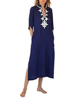 Bsubseach Casual Caftans für Damen V-Ausschnitt Stickerei Kaftan Kleider Cover Ups mit Tasche Navy von Bsubseach