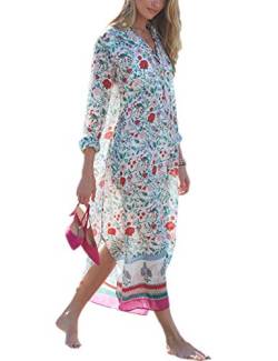 Bsubseach Chiffon Print Shirt Dress Beach Cover Up Lose Turn Down Kragen Langarm Bikini Kaftan Cover Ups für Bademode Damen von Bsubseach