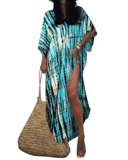 Bsubseach Damen Blau Druck Strand Kaftan Kleid Halbe Ärmel Plus Größe Strandponcho von Bsubseach