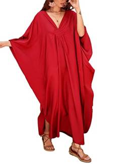 Bsubseach Damen Casual Kaftan Kleid Batwing Sleeve Plus Size Strandkleid Maxi Caftan Kleider Rot von Bsubseach