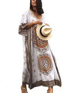 Bsubseach Damen Coffee Ethnic Print Kaftan Maxikleid Half Sleeve Open Side Beach Dress Long Cover Up von Bsubseach