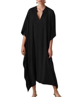 Bsubseach Damen Schwarz Silky Kaftan Kleider Batwing Sleeve Strandkleid V-Ausschnitt Caftan Maxi Kleid Sommer von Bsubseach