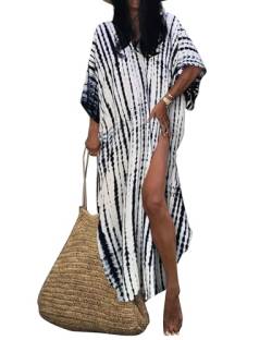 Bsubseach Damen Schwarz Weiß Strand Kaftan Kleider Halbe Ärmel Plus Größe Strandponcho Caftan Kleider von Bsubseach