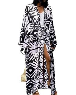 Bsubseach Damen Weiß Schwarz Print Loose Strandkleid Langarm Kimono Open Front Sommer Cardigan mit Gürtel von Bsubseach