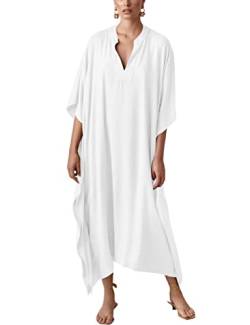 Bsubseach Damen Weiß Seide Kaftan Kleid Batwing Ärmel Strandkleid V Hals Kaftan Lang Sommer von Bsubseach