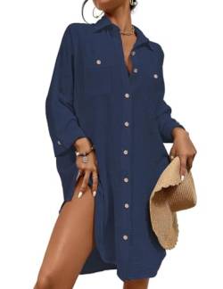 Bsubseach Frauen Badeanzug Cover Up für Bademode Übergroßes Hemd Coverup Button Down Strand Shirt Blau L von Bsubseach