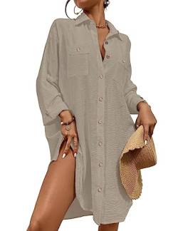 Bsubseach Frauen Badeanzug Cover Up für Bademode Übergroßes Hemd Coverup Button Down Strand Shirt Khaki XL von Bsubseach