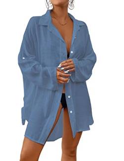 Bsubseach Frauen Button Down Strand Shirt Cover Up für Bademode Bluse Tops Dunkelblau von Bsubseach