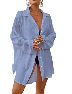 Bsubseach Frauen Button Down Strand Shirt Cover Up für Bademode Bluse Tops hellblau von Bsubseach
