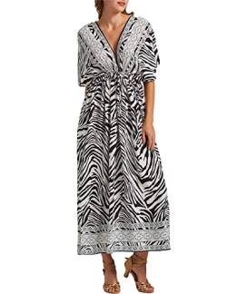 Bsubseach Frauen Kaftan Kleid V-Ausschnitt Badeanzug Cover Up Kaftan Loungewear Strand Coverup Zebra Druck von Bsubseach