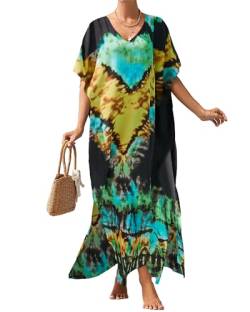 Bsubseach Frauen Kaftankleider V-Ausschnitt Kaftan Loungewear Beach Cover Up Urlaubskleid Resort Wear Grün Gelb von Bsubseach