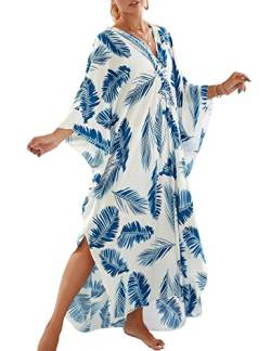 Bsubseach Frauen Plus Größe Kaftan Kaftan Kleider Bohemia Badeanzug Cover Up Tropical Resort Wear Blau Blätter von Bsubseach