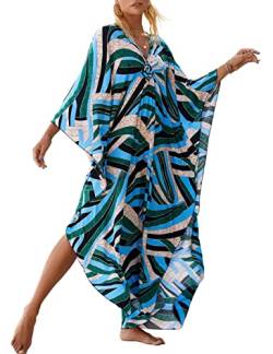 Bsubseach Frauen Plus Größe Kaftan Kaftan Kleider Bohemia Badeanzug Cover Up Tropical Resort Wear Blaue Linie von Bsubseach