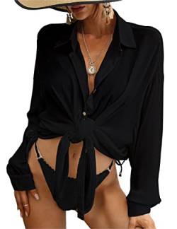 Bsubseach Frauen lange Ärmel Badeanzug Cover Ups Button Down Shirt Bluse Strand Cover Up Schwarz von Bsubseach