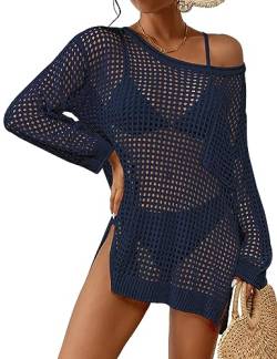 Bsubseach Gehäkelte Strandabdeckung für Frauen Hohl aus Badeanzug Coverup Langarm Gestrickt Crop Top Navy Blau von Bsubseach