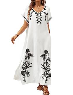 Bsubseach Kaftan Kleider für Frauen Badeanzug Coverup Strand Kaftane Cover Ups für Bademode Loungewear Floral Stickerei Weiß von Bsubseach