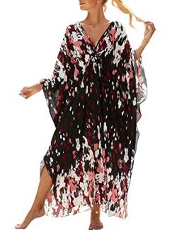 Bsubseach Kaftankleider für Frauen Badeanzug Cover Up Plus Size Kaftan Strand Coverup Rot Schwarz Blumen von Bsubseach