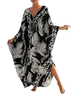 Bsubseach Kaftankleider für Frauen Badeanzug Cover Up Plus Size Kaftan Strand Coverup Schwarz Blätter von Bsubseach